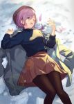  1girl :3 ;d alternate_costume beret black_sweater blush brown_headwear brown_legwear brown_skirt casual closed_eyes coat coat_removed creature day eyebrows_visible_through_hair eyes_visible_through_hair fate/grand_order fate_(series) footprints fou_(fate/grand_order) from_above grey_coat hair_over_one_eye haru_(hiyori-kohal) hat highres lens_flare long_sleeves mash_kyrielight medium_skirt one_eye_closed open_clothes open_coat open_mouth outdoors pantyhose purple_eyes purple_hair short_hair skirt smile snow sunlight sweater upper_teeth winter 