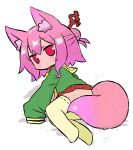  1girl :&lt; alternate_hair_color animal_ear_fluff animal_ears bangs blush borrowed_character brown_collar closed_mouth commentary_request eyebrows_visible_through_hair fox_ears fox_girl fox_tail full_body green_shirt hair_between_eyes kemomimi-chan_(naga_u) long_sleeves no_shoes original pink_hair pleated_skirt red_eyes red_skirt ribbon-trimmed_legwear ribbon_trim sailor_collar shadow shirt skirt sleeves_past_fingers sleeves_past_wrists solo star tail thighhighs white_background yellow_legwear yellow_sailor_collar 