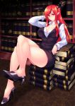  1girl arm_up bare_legs black_footwear black_skirt black_vest black_wings book_stack bookshelf breasts collared_shirt commentary_request crossed_legs head_wings high_heels highres indoors koakuma large_breasts long_hair long_sleeves looking_at_viewer miniskirt pointy_ears red_eyes red_hair shirt shoes sitting skirt skirt_set solo touhou vest warugaki_(sk-ii) white_shirt wing_collar wings 