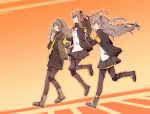  3girls armband artist_request boots brown_hair chinese_commentary commentary_request fingerless_gloves girls_frontline gloves grey_hair highres hood hooded_jacket jacket multiple_girls pantyhose siblings side_ponytail sisters skirt twintails ump40_(girls_frontline) ump45_(girls_frontline) ump9_(girls_frontline) 