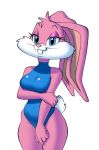  babs_bunny blue_eyes buckteeth clothing eyelashes female fur hi_res lagomorph leotard leporid looking_at_viewer mammal multicolored_body multicolored_fur one-piece_swimsuit pink_body pink_fur pink_nose rabbit skeleito solo swimwear teeth tiny_toon_adventures two_tone_body two_tone_fur warner_brothers white_body white_fur wide_hips 