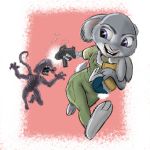  1:1 alien alien_(franchise) alternate_version_at_source anthro carrying clothed clothing crossover cub disney ellen_ripley female fully_clothed fur grey_body grey_fur group holding_gun holding_object holding_weapon judy_hopps lagomorph leporid mammal monster open_mouth open_smile parody purple_eyes rabbit running smile tony_helms weapon xenomorph young zootopia 