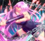  1girl black_dress black_legwear black_sleeves blurry_foreground breasts chain cleavage closed_mouth detached_sleeves dress fate/stay_night fate_(series) floating_hair frown hair_intakes holding holding_weapon large_breasts long_hair long_sleeves masked pink_hair rider shiny shiny_hair short_dress sleeveless sleeveless_dress solo strapless strapless_dress thighhighs toratora789 very_long_hair weapon zettai_ryouiki 