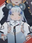  2020 2girls aamond animal_ears bangs black_jacket blue_hair chinese_zodiac english_text eyebrows_visible_through_hair face_cutout facial_mark girls_frontline green_eyes hair_ornament happy_new_year highres hk416_(girls_frontline) jacket long_hair looking_at_viewer multiple_girls new_year rat_ears symbol_commentary teardrop ump45_(girls_frontline) white_jacket year_of_the_rat younger zipper zipper_pull_tab 