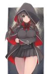  1girl arm_under_breasts bangs black_capelet black_skirt braid breasts brown_eyes brown_hair capelet empty_eyes eyebrows_visible_through_hair hair_ribbon hood hood_up hooded_capelet kantai_collection large_breasts long_hair long_sleeves pleated_skirt red_neckwear ribbon shaded_face shinshuu_maru_(kantai_collection) skirt solo twin_braids yuzuruka_(bougainvillea) 