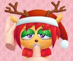  anthro antlers blush bovid caprine christmas clothed clothing duo eyeshadow fellatio female female_focus first_person_view fur hair hat headgear headwear hi_res holidays horn lammy_lamb looking_at_viewer makeup male male/female mammal oral orange_body orange_fur parappa_the_rapper penile purple_eyes red_background red_hair santa_hat sex sheep simple_background solo_focus sony_corporation sony_interactive_entertainment sr um_jammer_lammy video_games 