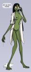  absurd_res amphibian black_hair breasts clothing coat eyewear female glasses green_body green_skin hair hi_res keadonger lab_coat nipples scp-811 scp_foundation solo text topwear yellow_eyes 