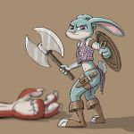  1:1 anthro armor axe battle_axe brown_background clothing dagger disney duo fur holding_object holding_weapon judy_hopps lagomorph leporid loincloth mammal melee_weapon midriff navel purple_eyes rabbit shield simple_background standing tony_helms unconvincing_armor weapon zootopia 