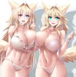  2girls absurdres ahoge animal_ears aqua_eyes blonde_hair blue_eyes bra breasts cat_ears cat_tail choker cleavage commentary_request cowboy_shot hair_intakes heterochromia highres large_breasts long_hair minarai_tenna multiple_girls navel open_mouth original panties red_eyes shadow tail two-tone_background underwear white_background wristband 