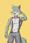  absurd_res athletic beastars canid canine canis clothed clothing hi_res legoshi_(beastars) male mammal pecs sharparadise solo suspenders teenager topless wolf young 