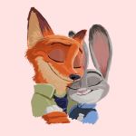  1:1 ambiguous_gender anthro canid canine cheek_tuft clothed clothing dipstick_ears disney duo eyes_closed facial_tuft fox fur grey_body grey_fur hi_res inner_ear_fluff judy_hopps lagomorph leporid mammal multicolored_ears necktie nick_wilde orange_body orange_fur pink_background pink_nose rabbit red_fox shirt simple_background smile tony_helms topwear tuft zootopia 