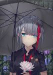  1girl absurdres admiral_graf_spee_(azur_lane) admiral_graf_spee_(maiden&#039;s_sunday)_(azur_lane) azur_lane bangs black_shirt breasts closed_mouth collared_shirt commentary flower grey_hair hair_over_eyes head_tilt highres holding holding_flower holding_umbrella looking_at_viewer lotus medium_breasts multicolored_hair necktie outdoors page&#039;as rain red_hair red_neckwear shirt short_hair short_sleeves sidelocks smile solo streaked_hair umbrella untied water water_drop white_flower 