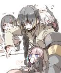  4girls bangs blue_eyes braid brown_eyes brown_hair child closed_eyes cup distress drinking eyepatch girls_frontline hair_between_eyes hair_ornament hair_over_shoulder headphones highres jacket light_brown_hair long_hair long_sleeves m16a1_(girls_frontline) m4_sopmod_ii_(girls_frontline) m4a1_(girls_frontline) mole mole_under_eye multicolored_hair multiple_girls necktie open_eyes open_mouth pink_hair sena_yuuta sleeping st_ar-15_(girls_frontline) streaked_hair younger 