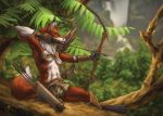  anthro arrow bow bow_(weapon) canid canine clothing detailed_background deusexmoose female forest fox mammal midriff quiver ranged_weapon solo tree weapon 
