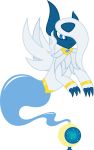  2018 absurd_res alpha_channel ambiguous_gender armband blue_eyes bottle feral fur genie gold_(metal) gold_jewelry happy hi_res jewelry mega_absol mega_evolution mega_stone nintendo parclytaxel pok&eacute;mon pok&eacute;mon_(species) simple_background smile solo superabsurd_res transparent_background video_games white_body white_fur 