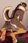  annairu anthro anus backsack balls brown_body brown_fur canid canine canis fur hi_res male mammal paws penis solo toes tongue tongue_out wolf 