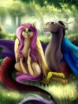  2018 absurd_res day detailed_background digital_media_(artwork) discord_(mlp) fluttershy_(mlp) forest friendship_is_magic grass hi_res horn juliagoldfox my_little_pony outside red_eyes tree 