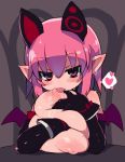  1girl animal_ears black_gloves blush breasts deathlock-san elbow_gloves eyebrows_visible_through_hair gloves grey_background heart highres huge_breasts licking looking_at_viewer nipples original pink_eyes pink_hair pointy_ears saliva short_hair solo spoken_heart tongue tongue_out upper_body wings zankuro 