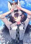  1girl absurdres animal_ears arms_up black_hair black_neckwear blue_eyes blush brown_eyes closed_mouth earrings eyebrows_visible_through_hair grey_neckwear grey_wolf_(kemono_friends) heterochromia highres huge_filesize jewelry kemono_friends long_hair looking_at_viewer multicolored_hair multicolored_neckwear necktie ponta_(matsuokazieg) red_nails smile solo tongue tongue_out white_hair wolf_ears 
