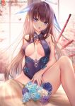  1girl :o bare_shoulders blue_eyes blue_flower blue_rose blush bouquet breasts brown_hair china_dress chinese_clothes dress eyebrows_visible_through_hair fate/grand_order fate_(series) flower halo long_hair looking_at_viewer luminous medium_breasts patreon_username purple_dress purple_flower purple_rose rose sitting solo yang_guifei_(fate/grand_order) 
