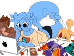 5_fingers anthro blue_body blue_fur blue_hair computer digital_media_(artwork) eating female fingers food fur hair holding_object laptop looking_down lying on_front paperclip_(artist) pillow plushie pocky smile solo 