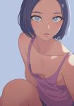  1girl bare_shoulders blue_background blue_eyes bob_cut breasts close-up collarbone covered_nipples dark_blue_hair downblouse forehead highres knee_up lips looking_at_viewer mebae mole mole_under_mouth nipples no_bra open_mouth original parted_lips pink_shirt shirt short_hair short_shorts shorts simple_background sleeveless small_breasts solo tank_top 