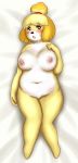  animal_crossing anthro big_breasts blush bodily_fluids breasts canid canine canis convenient_censorship dakimakura_design domestic_dog female fur hair hi_res isabelle_(animal_crossing) looking_at_viewer lying mammal nintendo nipples nude open_mouth orca_(artist) shih_tzu slightly_chubby solo sweat toy_dog video_games wide_hips yellow_body yellow_fur 