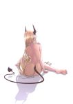  1girl absurdres arazand artist_name ass blonde_hair commentary dated demon_horns demon_tail from_behind highres horns long_hair nude on_ground original simple_background sitting solo tail white_background 