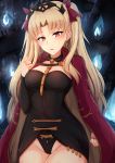  1girl bangs between_breasts black_leotard blonde_hair blush breasts cape chiyo_(pk19981234) covered_navel detached_collar earrings ereshkigal_(fate/grand_order) fate/grand_order fate_(series) highres infinity jewelry leotard long_hair looking_at_viewer medium_breasts open_mouth parted_bangs red_cape red_eyes skull solo spine tiara two_side_up 