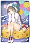  1girl 2020 :d ahoge animal_ears animal_hood aqua_bow artist_name balloon bangs bare_legs blue_bow blue_eyes blue_hair blush blush_stickers bow braid brown_hair candy character_doll cheese chin_rest chinese_zodiac clenched_hands commentary_request elbows_on_knees english_text fake_animal_ears food full_body grey_hair hair_bow hands_on_own_cheeks hands_on_own_face happy_new_year head_tilt highres hood hood_up hoodie knees_up legs_together long_sleeves looking_at_viewer love_live! love_live!_sunshine!! mouse_ears mouse_hood multicolored_hair nesoberi new_year nike no_socks o_o open_mouth orange_hair pink_footwear polka_dot polka_dot_bow red_bow sakurai_makoto_(custom_size) sakurauchi_riko shoes short_hair short_shorts shorts side_braid sitting sitting_on_object sleeves_past_wrists smile sneakers solo star streaked_hair takami_chika watanabe_you white_hoodie wrapped_candy year_of_the_rat 