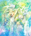  1girl 888myrrh888 aqua_eyes aqua_hair bangs blush bunny capelet dress flower hair_ornament hairband hatsune_miku highres holding leaf long_hair one_eye_closed open_mouth pom_pom_(clothes) rabbit_yukine snow snowflake_print snowflakes solo very_long_hair vocaloid white_capelet white_dress white_flower yuki_miku yuki_miku_(2015) 