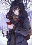  1girl backpack bag bangs bare_tree black_eyes blush brown_gloves cellphone coat cup freckles glasses gloves highres long_hair looking_at_viewer original outdoors phone scarf single_glove sleeves_past_wrists smartphone solo_focus starbucks sweater tree winter_clothes winter_coat yasukura_(shibu11) 