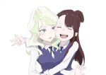  blonde_hair blue_eyes brown_hair closed_eyes couple diana_cavendish happy kagari_atsuko little_witch_academia long_hair looking_at_another luna_nova_school_uniform multicolored_hair numberg open_mouth school_uniform simple_background smile surprised two-tone_hair uniform wavy_hair white_background yuri 