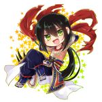  1boy arm_rest arms_behind_back black_hair chibi fate/grand_order fate_(series) green_eyes male_focus monyoe open_mouth smile solo star tattoo yan_qing_(fate/grand_order) 