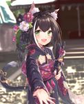  1girl :d animal_ear_fluff animal_ears bangs black_flower black_hair black_kimono blurry blurry_background blush braid cat_ears cat_girl cat_tail commentary_request crown_braid depth_of_field eyebrows_visible_through_hair fang floral_print flower green_eyes hair_between_eyes hair_bun hair_flower hair_ornament highres holding japanese_clothes kimono kyaru_(princess_connect) long_hair long_sleeves multicolored_hair namaonpa obi open_mouth princess_connect! princess_connect!_re:dive print_kimono red_flower ribbon ringlets sash sleeves_past_wrists smile solo stairs stone_stairs streaked_hair tail tail_ribbon white_flower white_hair wide_sleeves yellow_ribbon 
