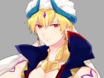 1boy arabian_clothes bare_shoulders blonde_hair body_markings earrings fate/grand_order fate_(series) gilgamesh gilgamesh_(caster)_(fate) jewelry male_focus monyoe red_eyes smile solo turban vest 