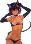  1girl animal_ears armpits arms_up bare_shoulders black_bra black_choker black_gloves black_panties bra breasts cat_ears cat_girl cat_tail choker collarbone cowboy_shot dark_skin elbow_gloves gloves highres konbu_wakame lingerie looking_at_viewer mole mole_on_neck navel original panties parted_lips purple_eyes purple_hair short_hair signature slit_pupils small_breasts solo stomach tail tail_raised underwear underwear_only 