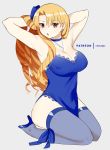  1girl armpits arms_behind_head arms_up bangs blonde_hair blue_bow blue_dress blue_legwear blush bow breasts brown_eyes chocojax choker collarbone dress drill_hair earrings fate/hollow_ataraxia fate_(series) grey_background hair_bow high_heels highres jewelry lace_trim large_breasts long_hair looking_at_viewer luviagelita_edelfelt necklace open_mouth seiza shiny shiny_hair simple_background sitting solo thighhighs thighs 