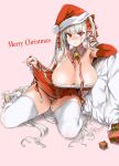  1girl asanagi azur_lane bangs between_breasts blush breasts cleavage closed_mouth dress dress_lift eyebrows_visible_through_hair formidable_(azur_lane) grey_background grey_hair hair_ribbon hat highres huge_breasts lifted_by_self long_hair looking_at_viewer merry_christmas nail_polish panties red_eyes red_nails red_panties ribbon santa_hat side-tie_panties simple_background sitting smile snowman_earrings solo striped striped_panties thick_thighs thighhighs thighs toeless_legwear toenail_polish twintails two-tone_ribbon underwear very_long_hair white_legwear 