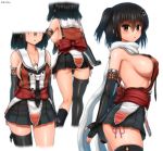  1girl alternate_breast_size asymmetrical_legwear black_gloves black_hair black_legwear black_skirt breasts brown_eyes collarbone commentary_request covered_nipples double-breasted elbow_gloves facing_away fingerless_gloves from_behind gloves hair_ornament highres kantai_collection kinnan kneehighs large_breasts miniskirt multiple_views neckerchief nib_pen_(medium) no_bra open_mouth panties pink_panties pleated_skirt remodel_(kantai_collection) revision scarf school_uniform sendai_(kantai_collection) serafuku side-tie_panties sideboob single_thighhigh skirt standing thighhighs traditional_media two_side_up underwear white_scarf 