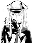  1girl bangs capelet celtic_knot closed_mouth gloves graf_zeppelin_(kantai_collection) greyscale hair_between_eyes hat highres ishimaru kantai_collection long_hair long_sleeves military military_hat military_uniform monochrome peaked_cap sidelocks simple_background solo twintails uniform upper_body 