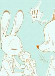  ! anthro blue_background blush bodily_fluids canid canine clothed clothing dipstick_ears disney duo eyes_closed food fox fur holding_food holding_object judy_hopps lagomorph leporid licking mammal multicolored_ears nick_wilde pawpsicle popsicle rabbit red_fox simple_background sou sweat sweatdrop tongue tongue_out zootopia 
