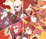  2girls 4boys afro bald brown_eyes dark_skin elite_four facial_hair fire furrowed_eyebrows grey_eyes gym_leader holding holding_poke_ball katsura_(pokemon) long_hair looking_at_viewer looking_to_the_side multiple_boys multiple_girls mustache necktie ooba_(pokemon) pachira_(pokemon) pink_hair poke_ball poke_ball_(generic) pokemon pokemon_(game) pokemon_dppt pokemon_frlg pokemon_xy red_hair sleeveless smile ssalbulre tied_hair wristband 