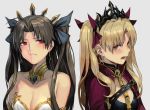  2girls armlet bangs bare_shoulders between_breasts black_bow black_hair blonde_hair blush bow breasts cape cleavage collarbone detached_collar earrings ereshkigal_(fate/grand_order) fate/grand_order fate_(series) frown gold_trim hair_bow hankuri highres hoop_earrings infinity ishtar_(fate)_(all) ishtar_(fate/grand_order) jewelry long_hair looking_at_viewer medium_breasts multiple_girls neck_ring open_mouth parted_bangs red_bow red_cape red_eyes simple_background skull spine tiara two_side_up 