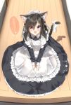  1girl :3 :d animal_ear_fluff animal_ears apron bangs black_dress black_hair blush bow cat_ears cat_girl cat_tail collared_dress commentary_request dress eyebrows_visible_through_hair fang frilled_apron frills full_body hair_between_eyes highres indoors juliet_sleeves long_hair long_sleeves looking_at_viewer maid maid_apron maid_headdress on_floor open_mouth original pentagon_(railgun_ky1206) puffy_sleeves purple_eyes smile solo tail tail_bow translation_request v_arms white_apron white_bow wooden_floor 
