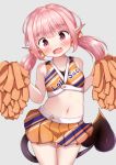  1girl :d bangs bare_shoulders blush bow breasts cheerleader clothes_writing crop_top demon_girl demon_tail eyebrows_visible_through_hair fang grey_background hair_between_eyes hair_bow head_tilt highres holding long_hair looking_at_viewer midriff mochiyuki navel open_mouth orange_bow orange_shirt orange_skirt original pink_hair pointy_ears polka_dot polka_dot_bow pom_poms red_eyes shirt simple_background skirt sleeveless sleeveless_shirt small_breasts smile solo stomach succubus tail thigh_gap twintails 