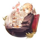  1girl blonde_hair breasts chair cup expressionless folded_ponytail food fruit green_eyes half-closed_eyes hisona_(suaritesumi) holding holding_cup looking_at_viewer medium_breasts original short_hair sidelocks simple_background sitting smoke solo strawberry strawberry_shortcake teacup tiered_tray uniform white_background 