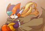  1boy android black_eyes blonde_hair brown_background cloak gradient gradient_background helmet highres long_hair male_focus omeehayo rockman rockman_zero simple_background solo upper_body zero_(rockman) 