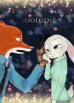  abstract_background anthro bodily_fluids bokeh canid canine clothed clothing crying disney duo english_text fox fully_clothed fur grey_body grey_fur judy_hopps lagomorph leporid looking_at_another mammal necktie nick_wilde orange_body orange_fur purple_eyes rabbit red_fox shirt sou tears text topwear zootopia 