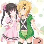  2girls :o ;t akatsuki_kirika bangs black_camisole black_hair blonde_hair blush bow breasts camisole closed_mouth collarbone commentary_request crepe demon_tail drawstring dress eating eyebrows_visible_through_hair food green_eyes green_jacket green_shorts hair_between_eyes hair_bow hair_ornament holding holding_food hood hood_down hooded_jacket jacket kaiware-san midriff multiple_girls navel parted_lips pink_bow pink_dress puffy_short_sleeves puffy_sleeves purple_eyes senki_zesshou_symphogear short_shorts short_sleeves shorts sidelocks small_breasts striped striped_legwear tail thighhighs tsukuyomi_shirabe twintails twitter_username x_hair_ornament 